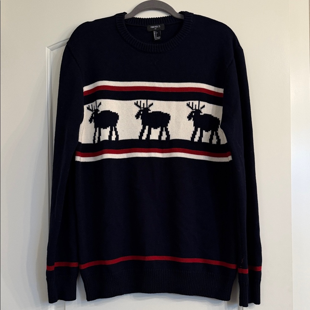 Cotton Men’s Navy Sweater with Moose Design, 100% cotton, double-side design, L